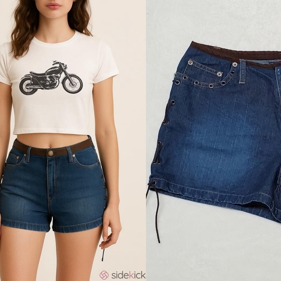 Vintage Pants - Route 66 Vintage 90s Dark Wash Low Rise Side Lace-up Faux Leather Booty Shorts